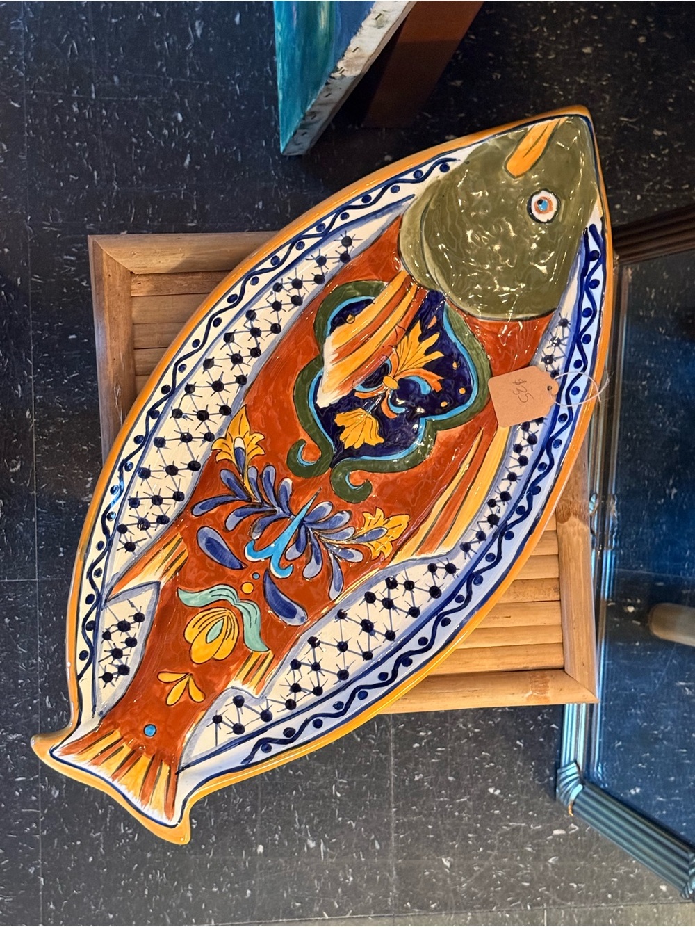 Vintage Hand-Painted Ceramic Fish Platter in Orange, Blue & Green